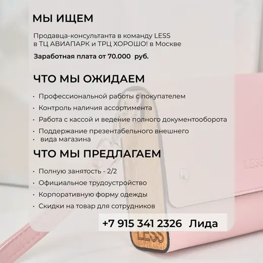 Команда LESS ищет продавца-консультанта в ТЦ Авиапарк и ТРЦ Хорошо! в Москве. Заработная…